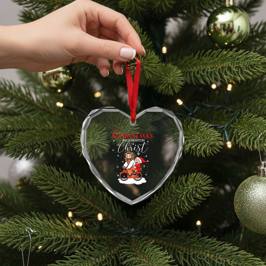 Christmas Begins With Christ Heart Crystal Glass Ornament Jesus Santa Riding Bicycle - Wonder Print Shop