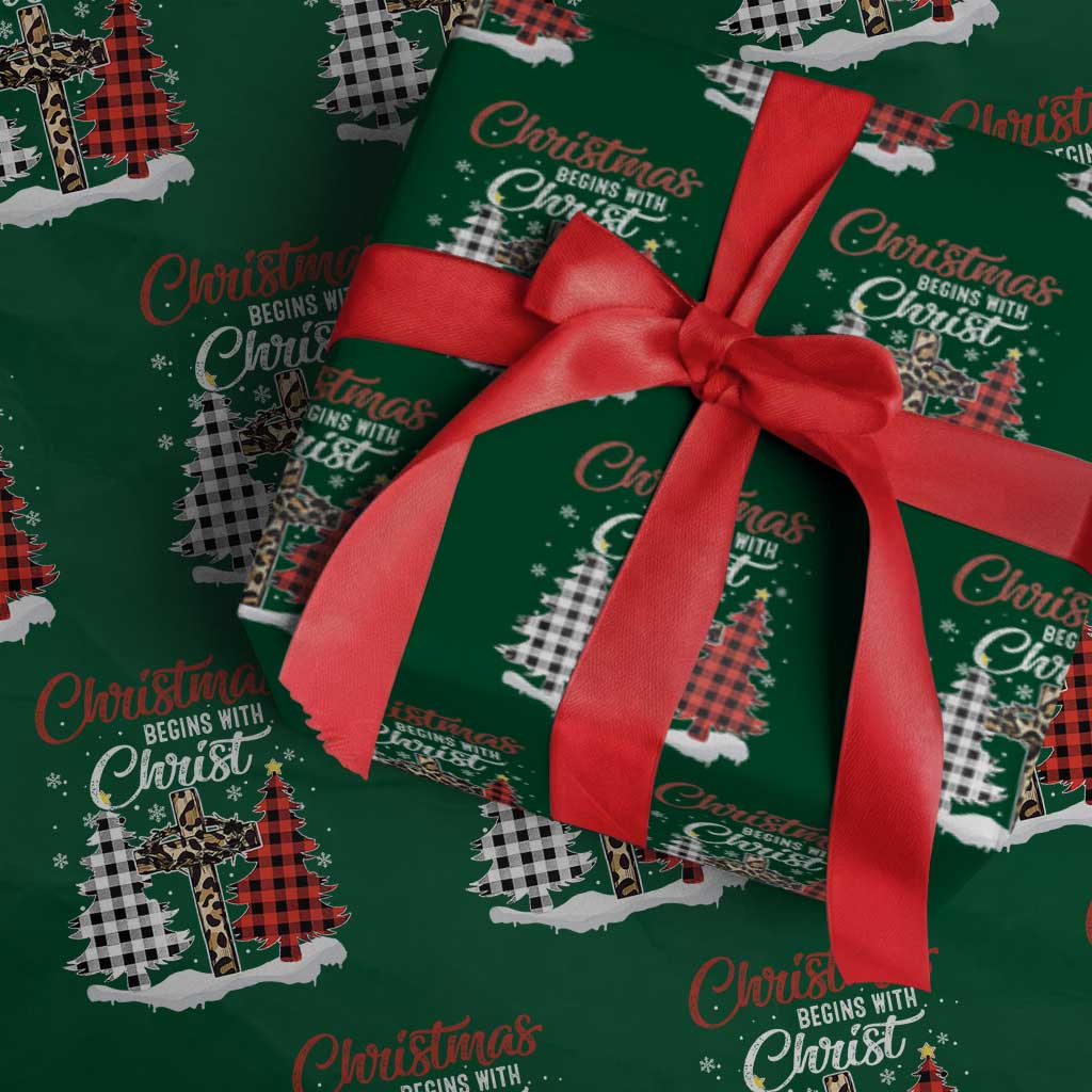 Christmas Begins With Christ Wrapping Paper Roll Leopard Cross Plaid Xmas Tree - Wonder Print Shop
