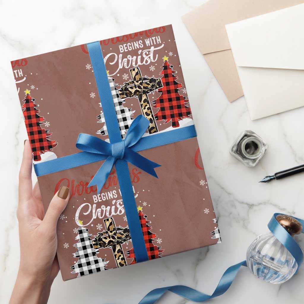 Christmas Begins With Christ Wrapping Paper Roll Leopard Cross Plaid Xmas Tree - Wonder Print Shop