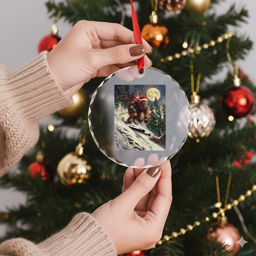 Christmas Bigfoot Skiing Crystal Glass Ornament Funny Santa Sasquatch Snowboard Ski Lover Skier - Wonder Print Shop