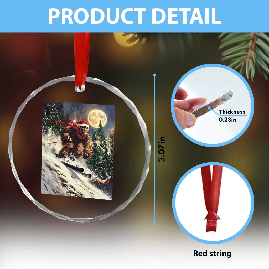 Christmas Bigfoot Skiing Crystal Glass Ornament Funny Santa Sasquatch Snowboard Ski Lover Skier - Wonder Print Shop