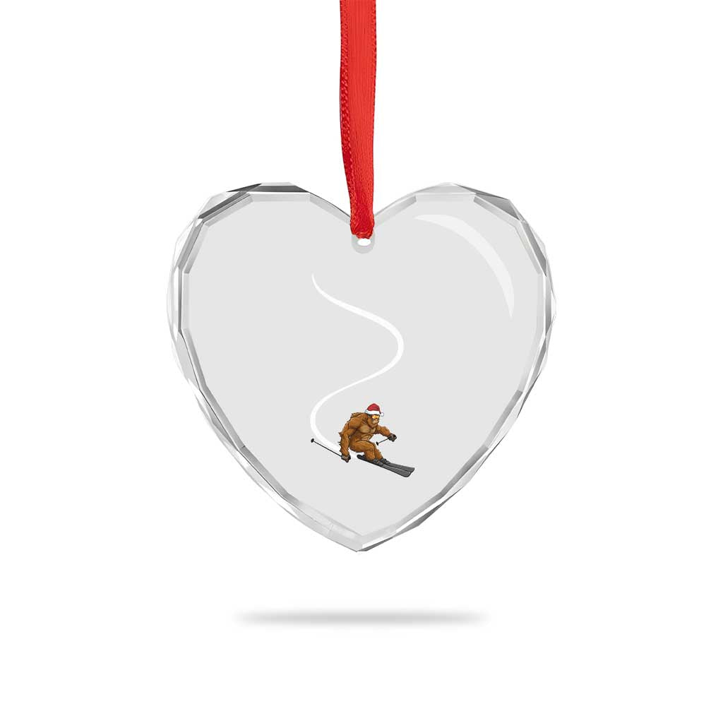 Christmas Bigfoot Skiing Heart Crystal Glass Ornament Funny Santa Sasquatch Ski Lover Mountain Skier Winter Sports - Wonder Print Shop