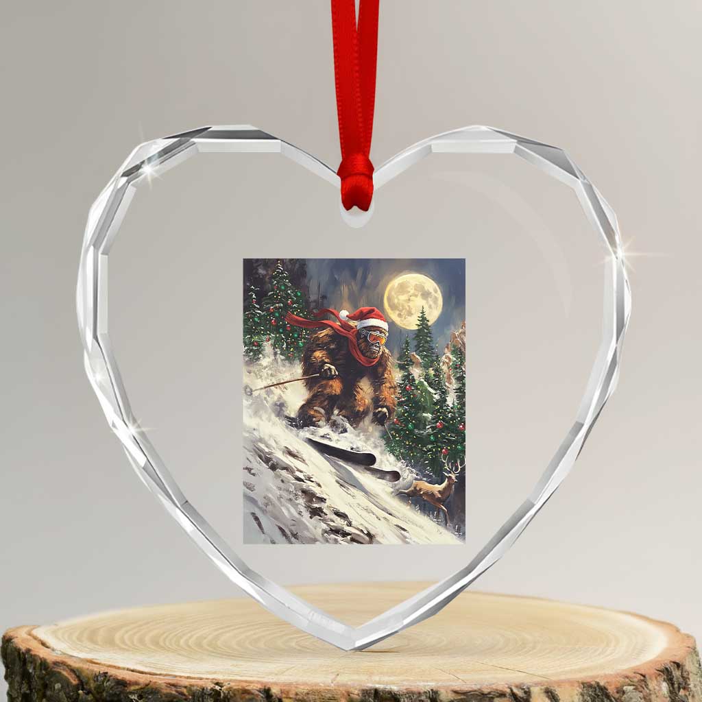 Christmas Bigfoot Skiing Heart Crystal Glass Ornament Funny Santa Sasquatch Snowboard Ski Lover Skier - Wonder Print Shop