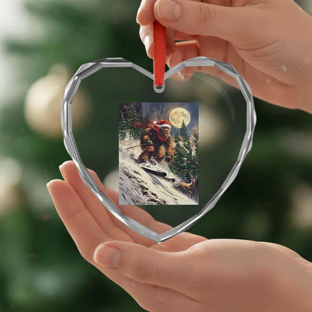 Christmas Bigfoot Skiing Heart Crystal Glass Ornament Funny Santa Sasquatch Snowboard Ski Lover Skier - Wonder Print Shop