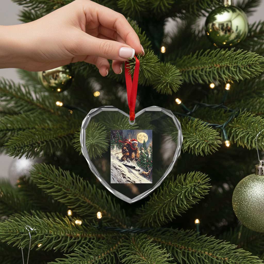 Christmas Bigfoot Skiing Heart Crystal Glass Ornament Funny Santa Sasquatch Snowboard Ski Lover Skier - Wonder Print Shop