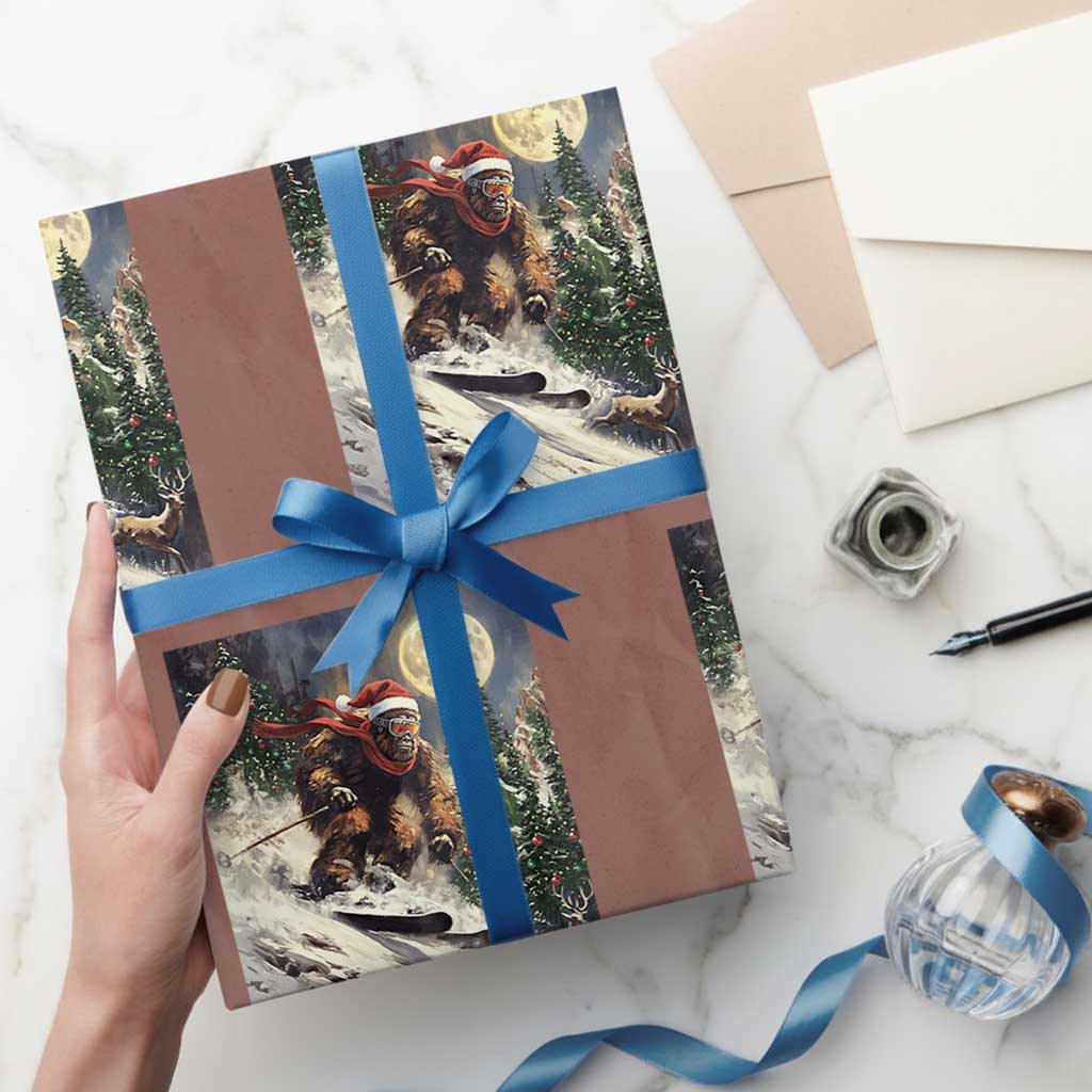 Christmas Bigfoot Skiing Wrapping Paper Roll Funny Santa Sasquatch Snowboard Ski Lover Skier - Wonder Print Shop
