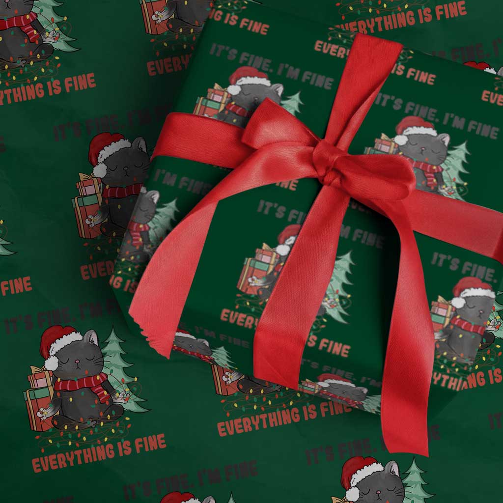 Christmas Black Cat Wrapping Paper Roll It's Fine I'm Fine Everything Is Fine Xmas Light Funny