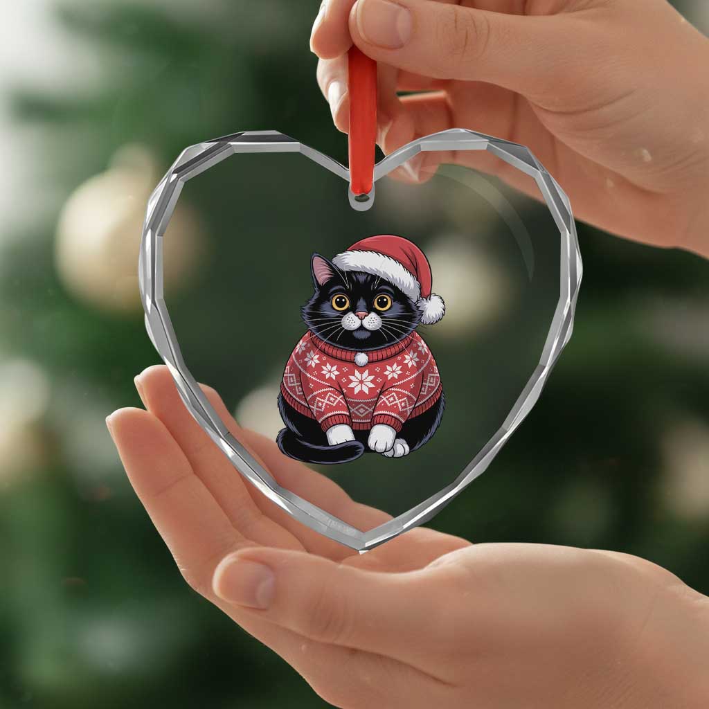 Christmas Black Cat Heart Crystal Glass Ornament Catmas Gift For New Year - Wonder Print Shop