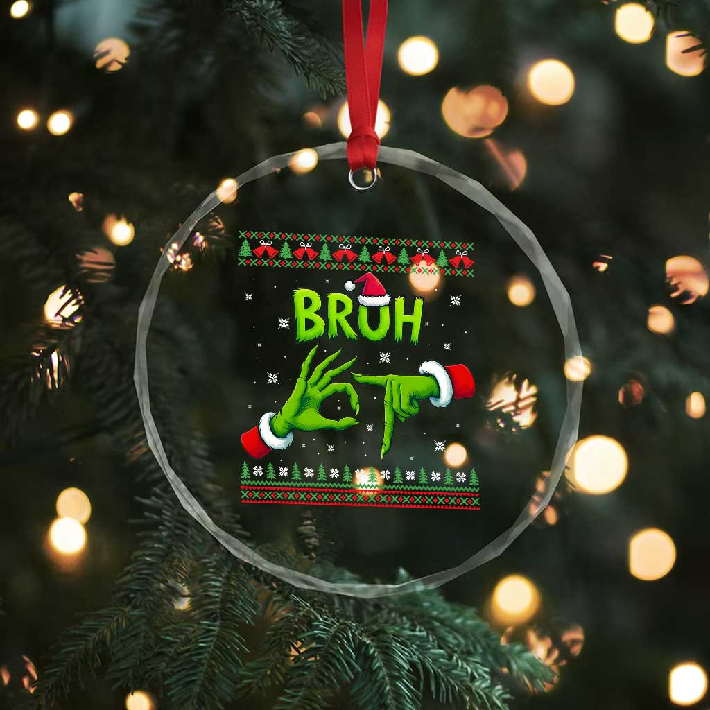 Christmas Bruh 67 Green Hands Meme Crystal Glass Ornament Funny Six Seven Meme Holiday Ugly Sweater - Wonder Print Shop