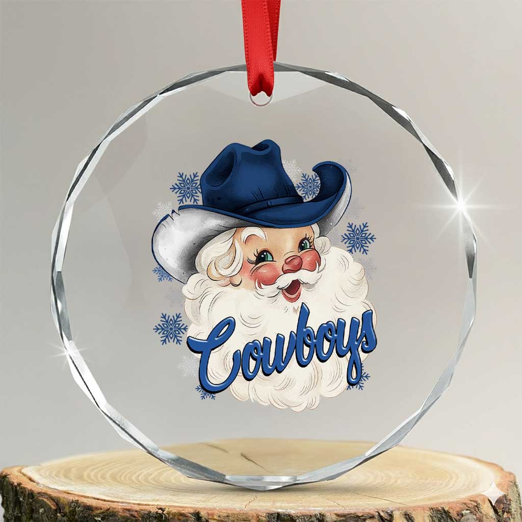 Christmas Cowboys Fan Crystal Glass Ornament Funny Xmas American Football Blue Santa - Wonder Print Shop