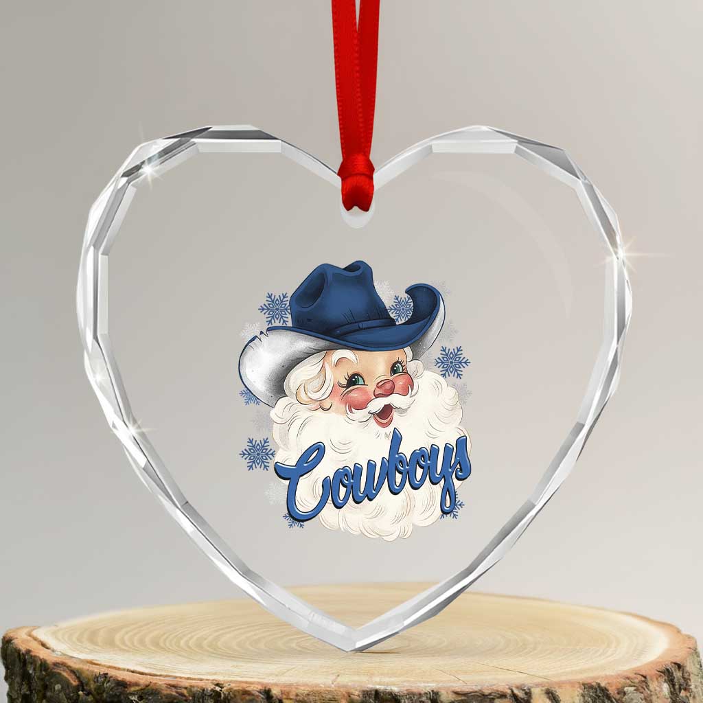 Christmas Cowboys Fan Heart Crystal Glass Ornament Funny Xmas American Football Blue Santa - Wonder Print Shop