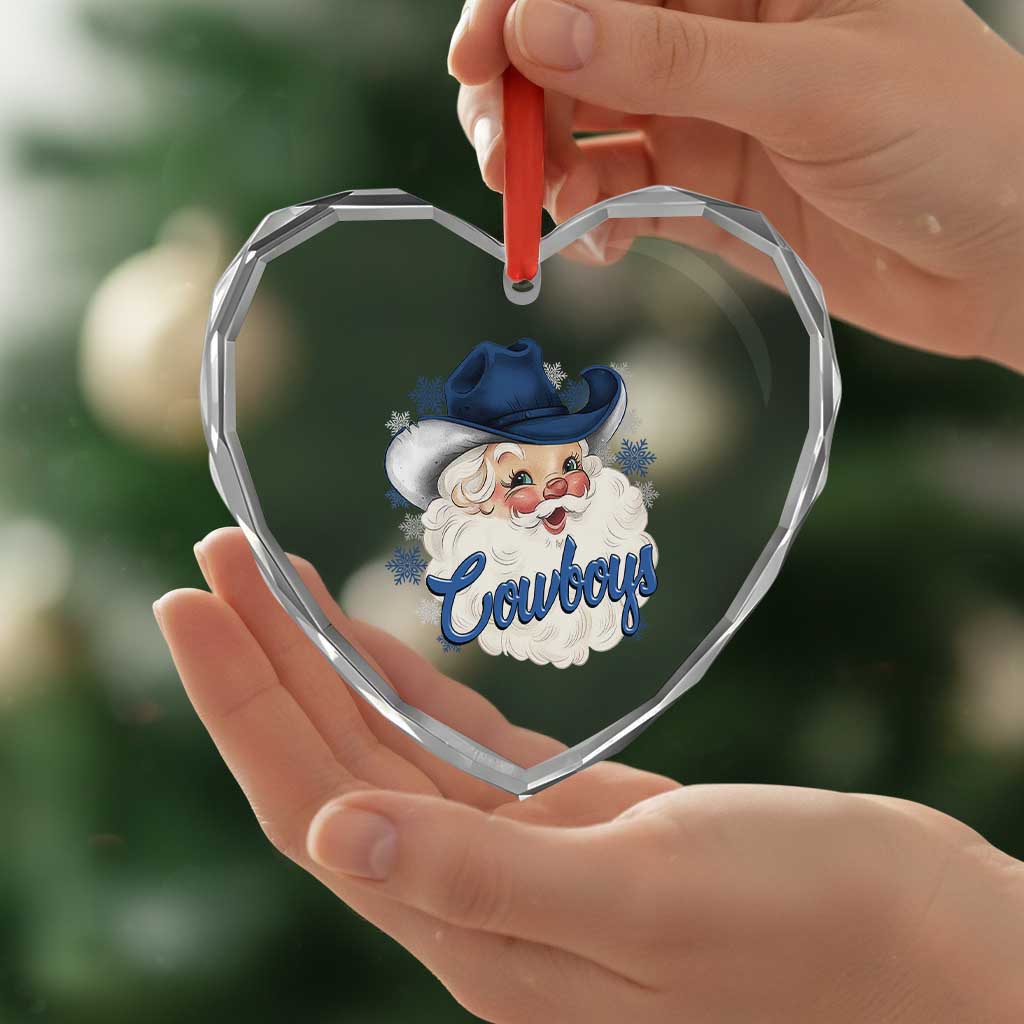 Christmas Cowboys Fan Heart Crystal Glass Ornament Funny Xmas American Football Blue Santa - Wonder Print Shop