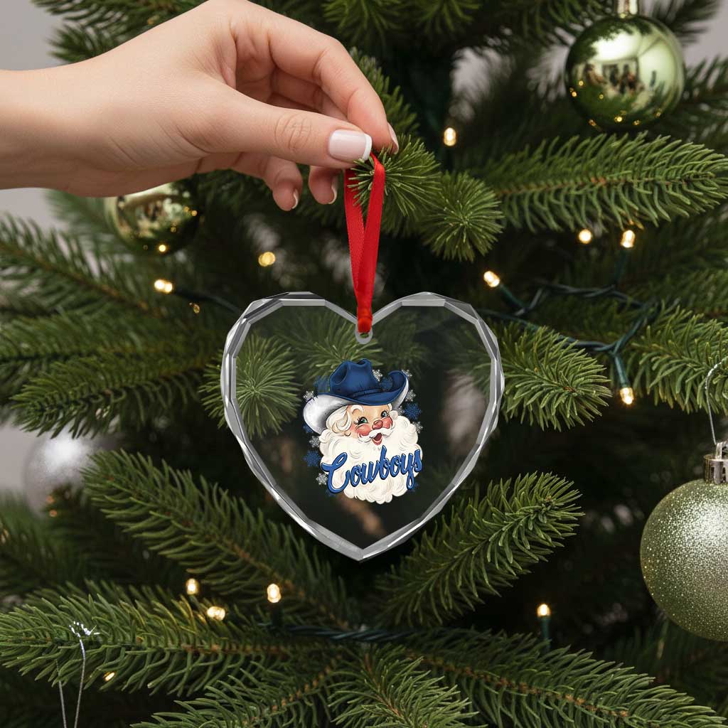 Christmas Cowboys Fan Heart Crystal Glass Ornament Funny Xmas American Football Blue Santa - Wonder Print Shop