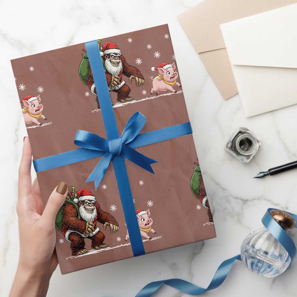 Christmas Cryptid Farm Life Gift Wrapping Paper Roll Funny Bigfoot Chasing Pig - Wonder Print Shop
