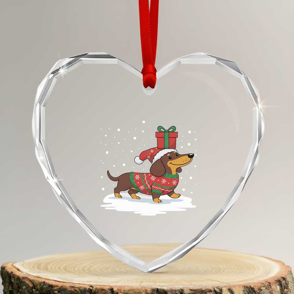 Christmas Dachshund Heart Crystal Glass Ornament Funny Weiner Santa Hat Xmas Dog Puppy Lover - Wonder Print Shop
