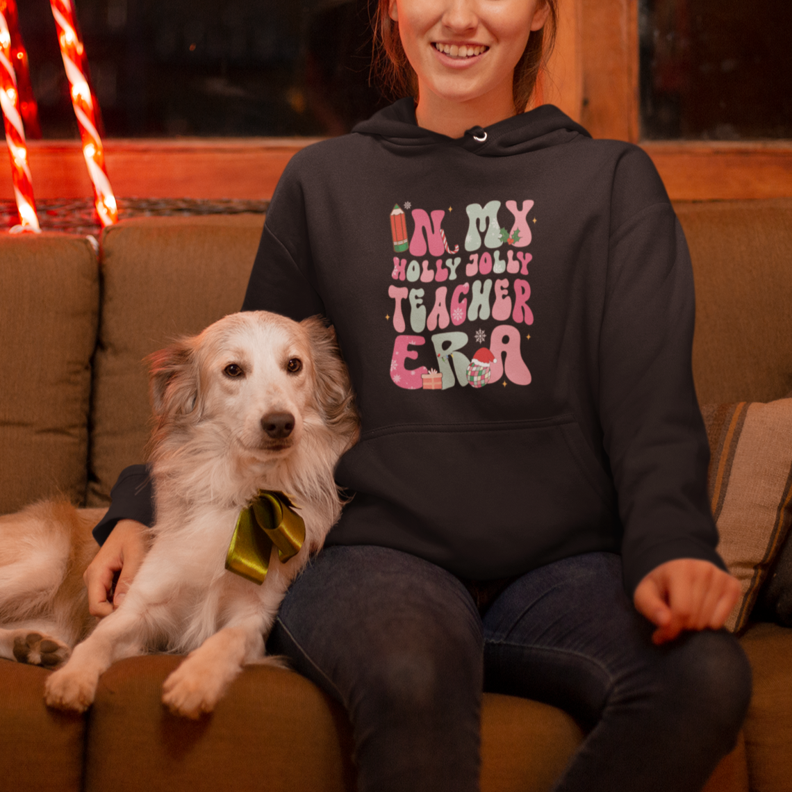 In My Holly Jolly Teacher Era Xmas Groovy Christmas Hoodie - Wonder Print Shop