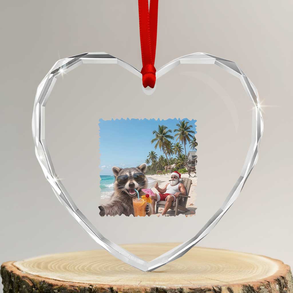 Christmas In July Raccoon And Santa Heart Crystal Glass Ornament Tropical Summer Vacation Graphic