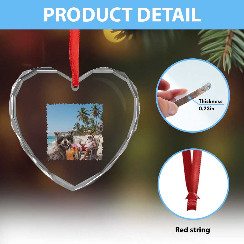 Christmas In July Raccoon And Santa Heart Crystal Glass Ornament Tropical Summer Vacation Graphic