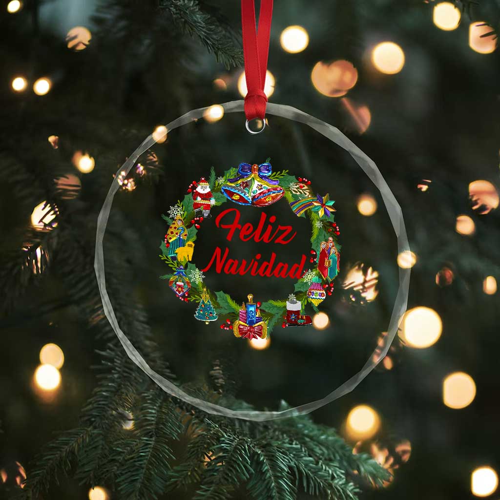 Christmas In Mexico Crystal Glass Ornament Feliz Navidad Xmas Wreath - Wonder Print Shop