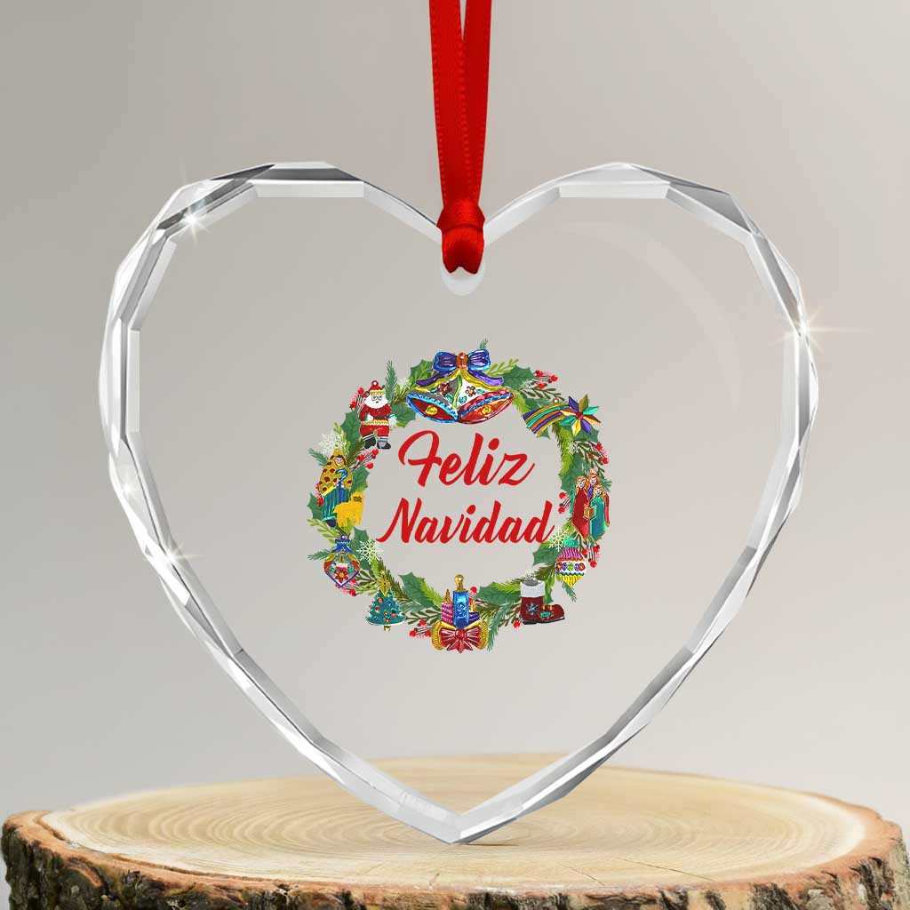 Christmas In Mexico Heart Crystal Glass Ornament Feliz Navidad Xmas Wreath - Wonder Print Shop