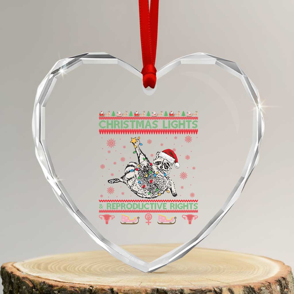 Christmas Lights And Reproductive Rights Ugly Christmas Heart Crystal Glass Ornament Feminist Raccoon Gift - Wonder Print Shop