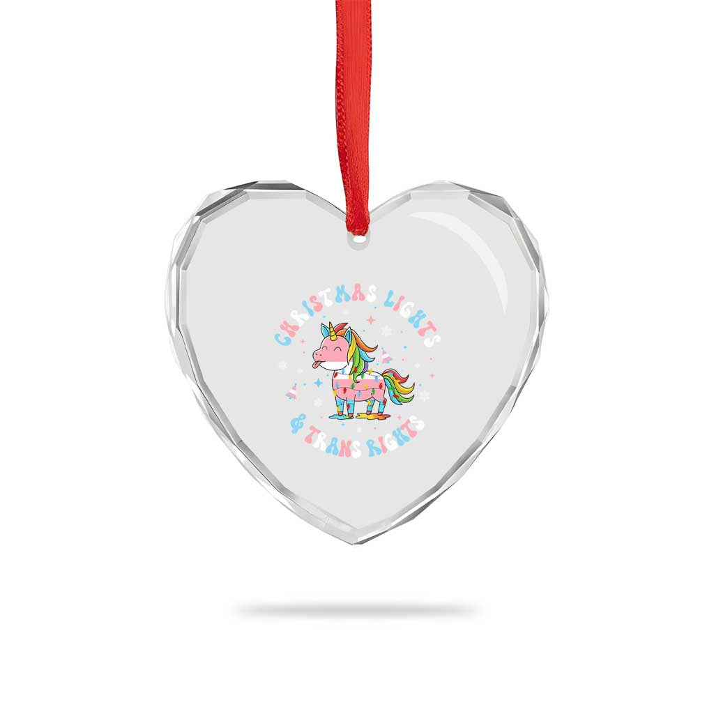 Christmas Lights And Trans Rights Heart Crystal Glass Ornament Magical Unicorn Pride - Wonder Print Shop