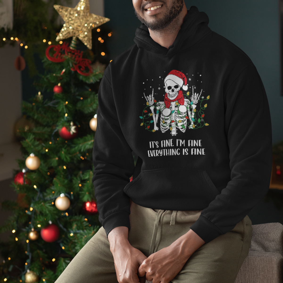Christmas Skeleton Hoodie It's Fine I'm Fine Everything Is Fine Xmas Light Funny - Wonder Print Shop