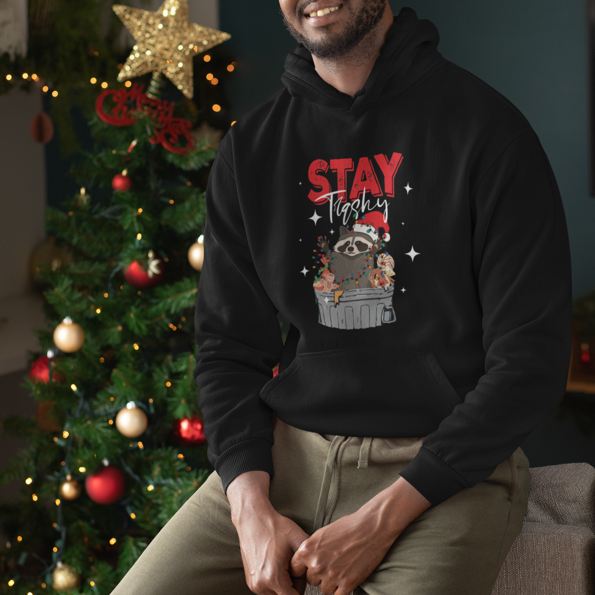 Stay Trashy Christmas Raccoon Garbage Trashin Santa Hat Hoodie - Wonder Print Shop