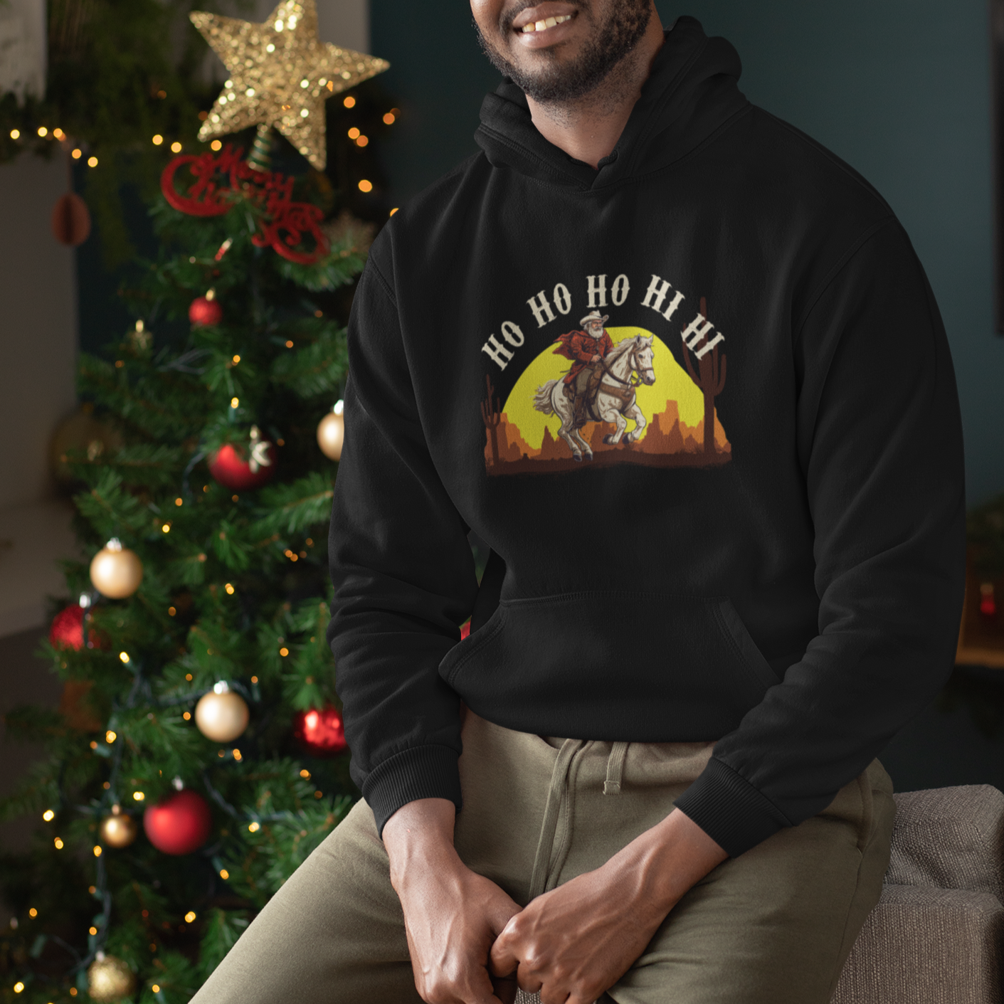 Cowboy Santa Claus Riding A Horse Ho Ho Hi Hi Hoodie - Wonder Print Shop