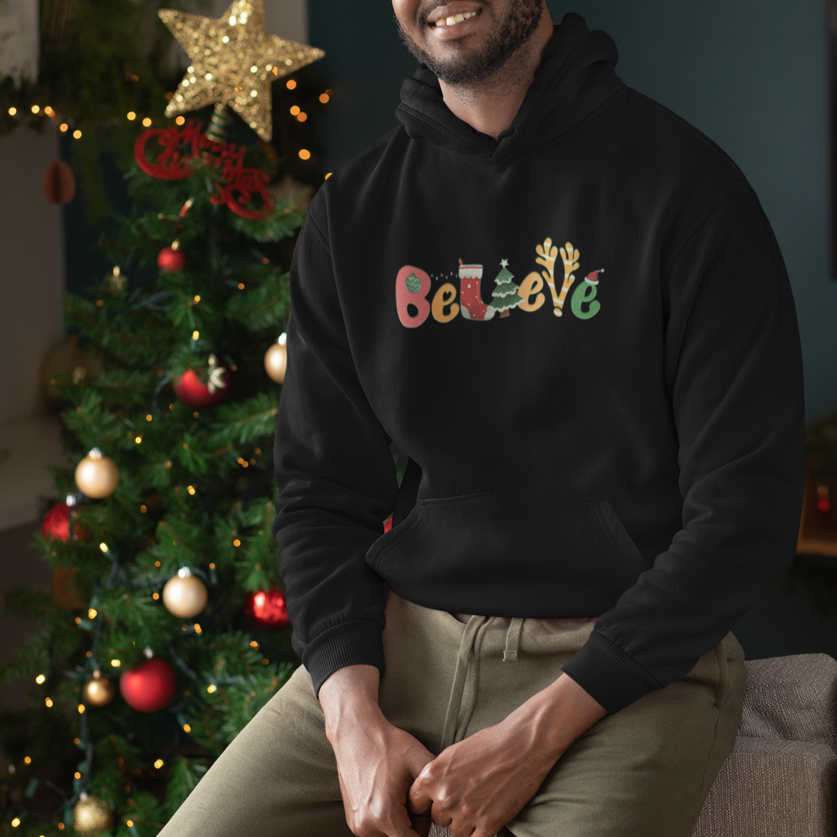 Believe Christmas Hoodie Santa Claus Reindeer Candy Cane Groovy Xmas - Wonder Print Shop