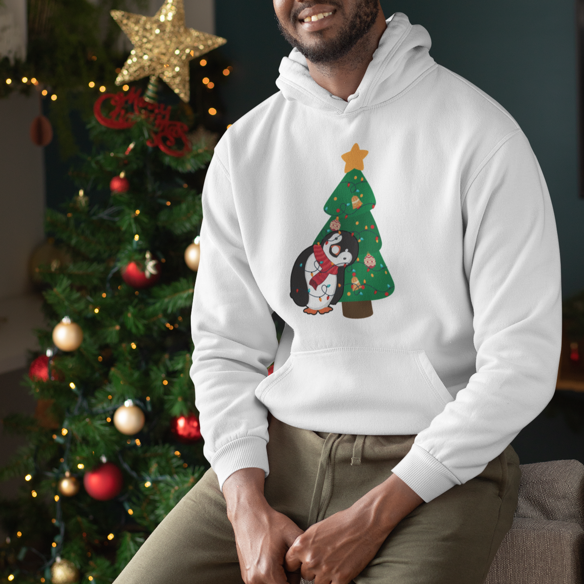Funny Penguin With Christmas Tree Tangled Xmas Light Hoodie - Wonder Print Shop