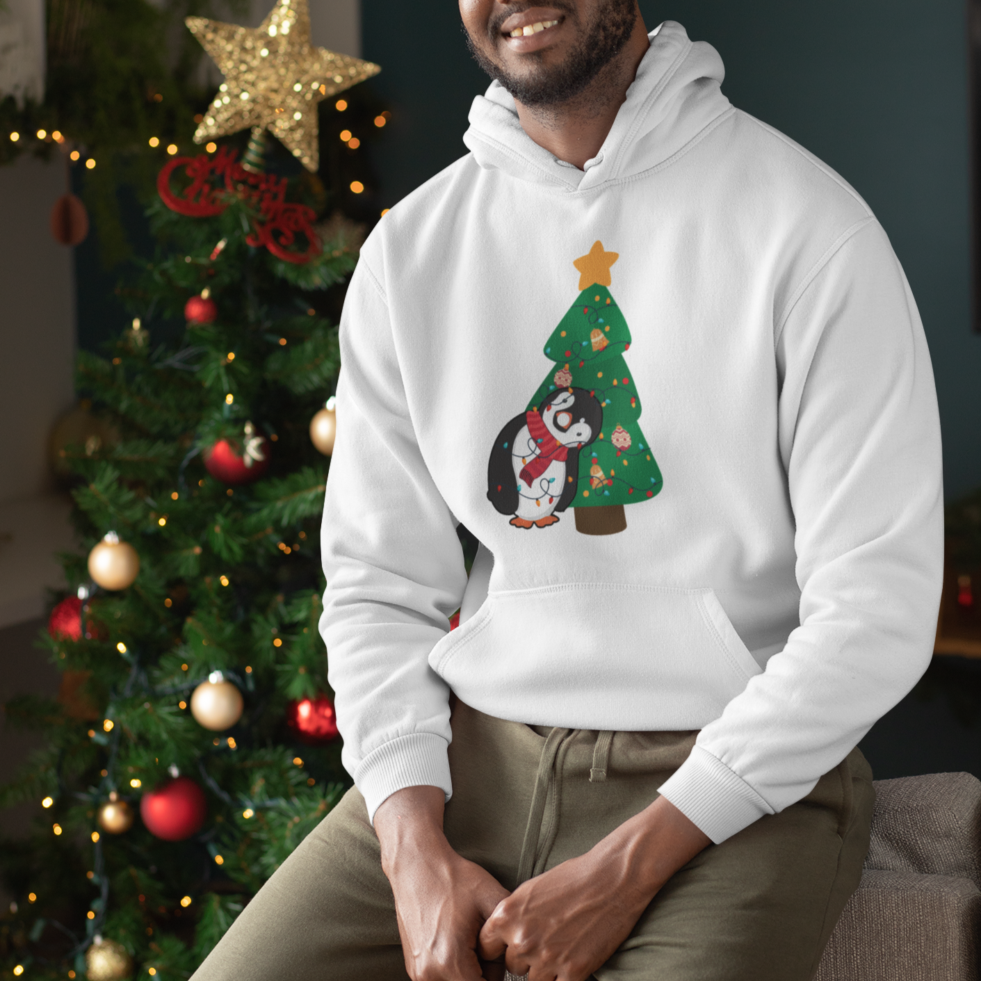 Funny Penguin With Christmas Tree Tangled Xmas Light Hoodie - Wonder Print Shop