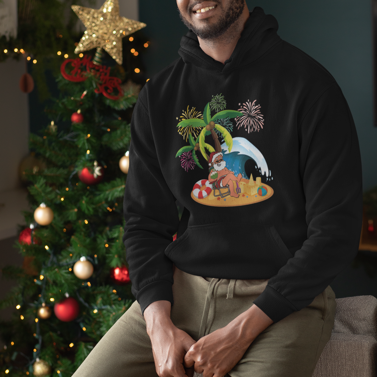 Christmas In Hawaii Hoodie Palm Tree Firework Santa At Beach Drinking Coconut - Wonder Print Shop
