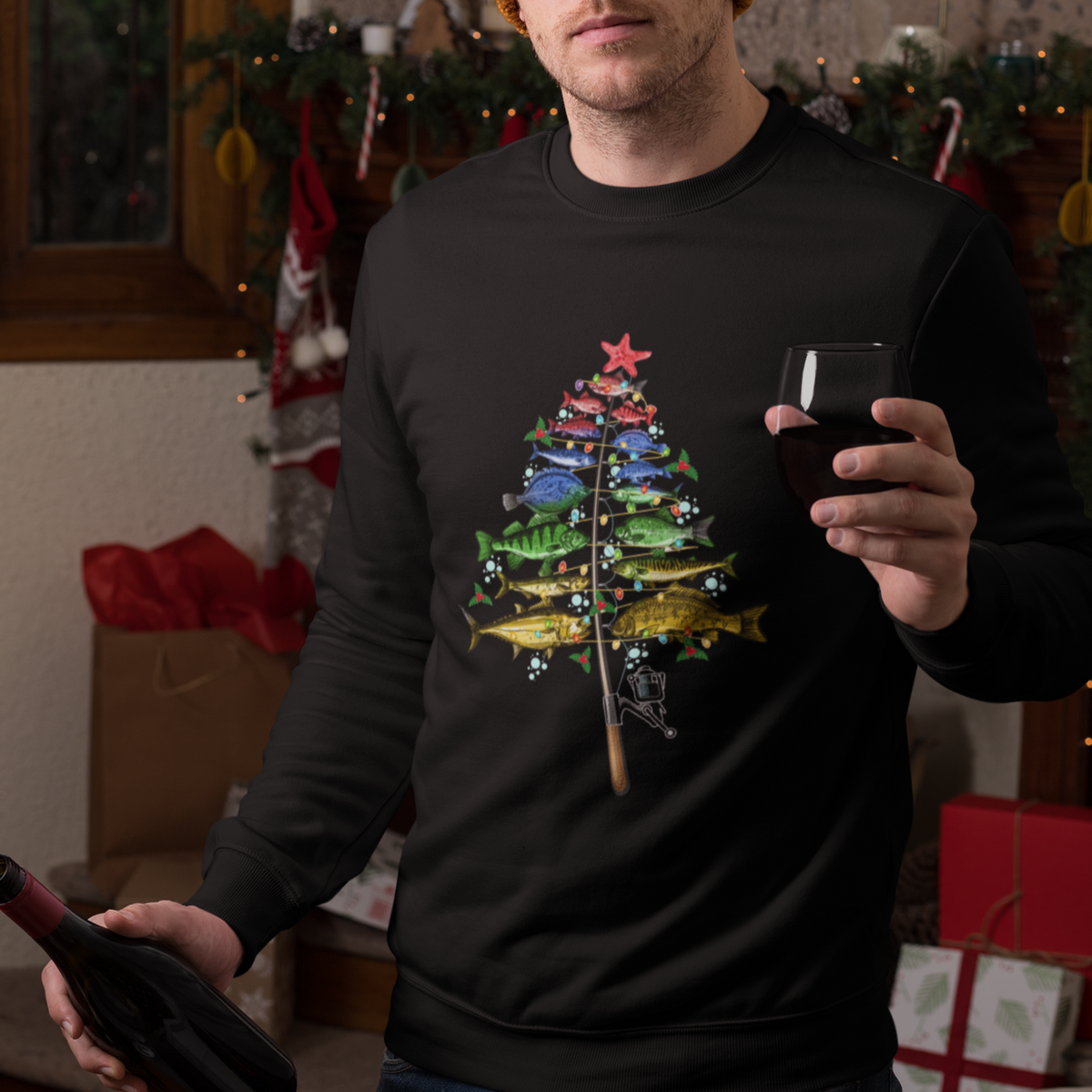 Aquatic Christmas Tree Fisherman Colorful Fish Sweatshirt - Wonder Print Shop