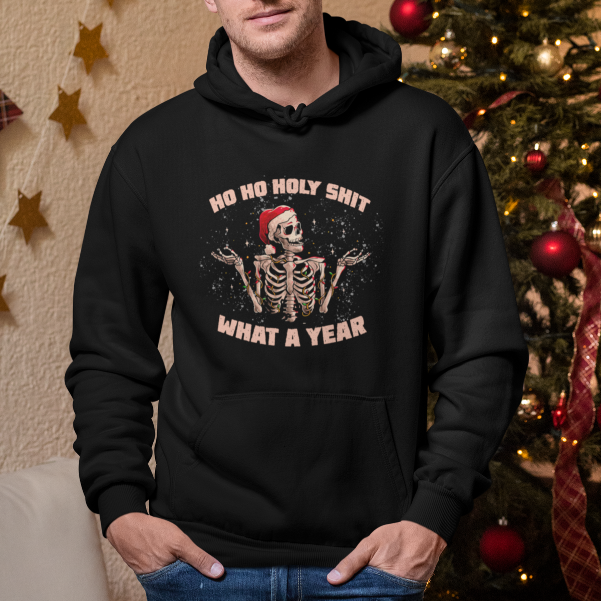 Skeleton Christmas Hoodie Ho Ho Holy Shit What A Year Retro Funny - Wonder Print Shop