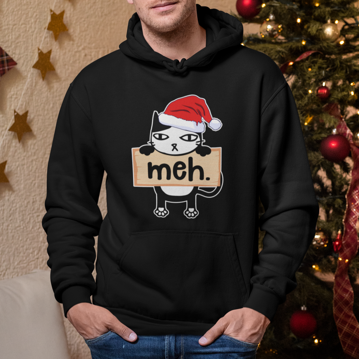 Meh Black Cat Sarcastic Funny Christmas Hoodie - Wonder Print Shop