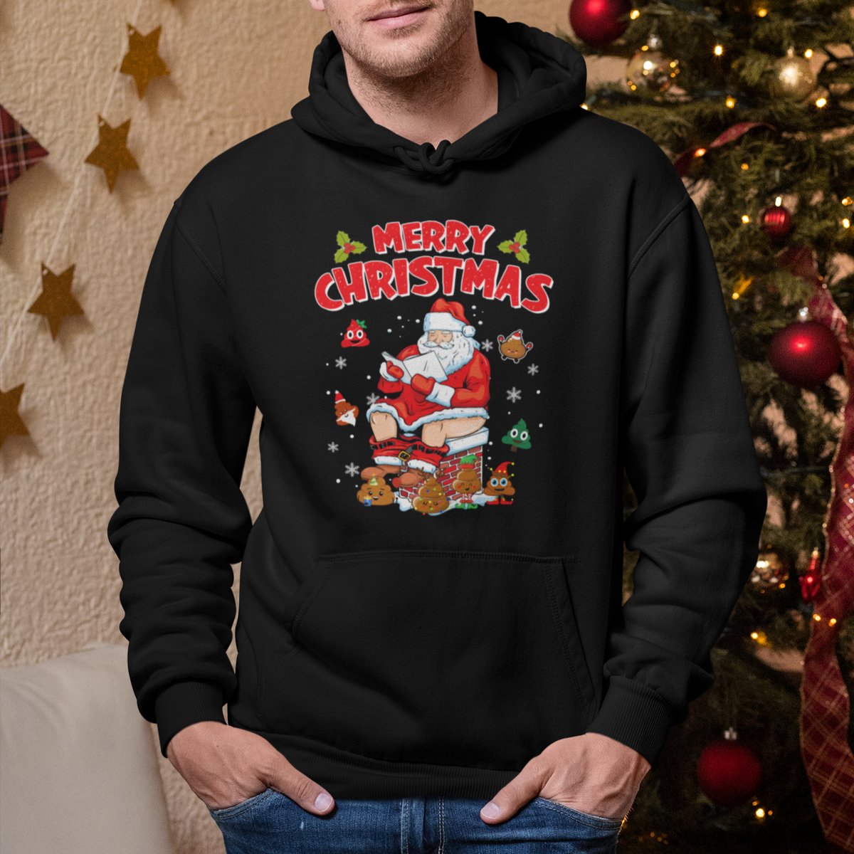 Christmas Hoodie Funny Santa Pooping Down The Chimney - Wonder Print Shop