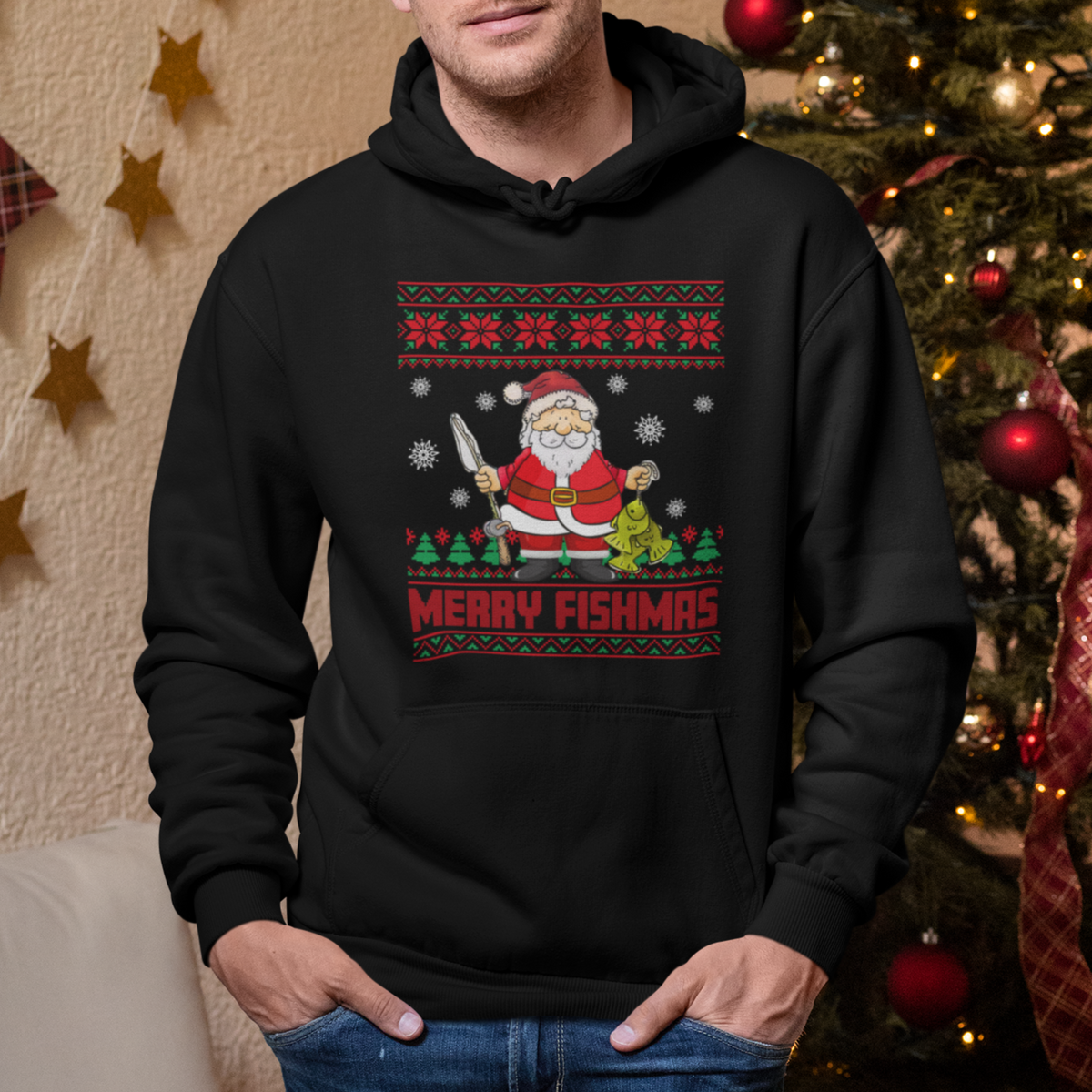 Merry Fishmas Santa Fishing Xmas Fish Fisherman Hoodie - Wonder Print Shop