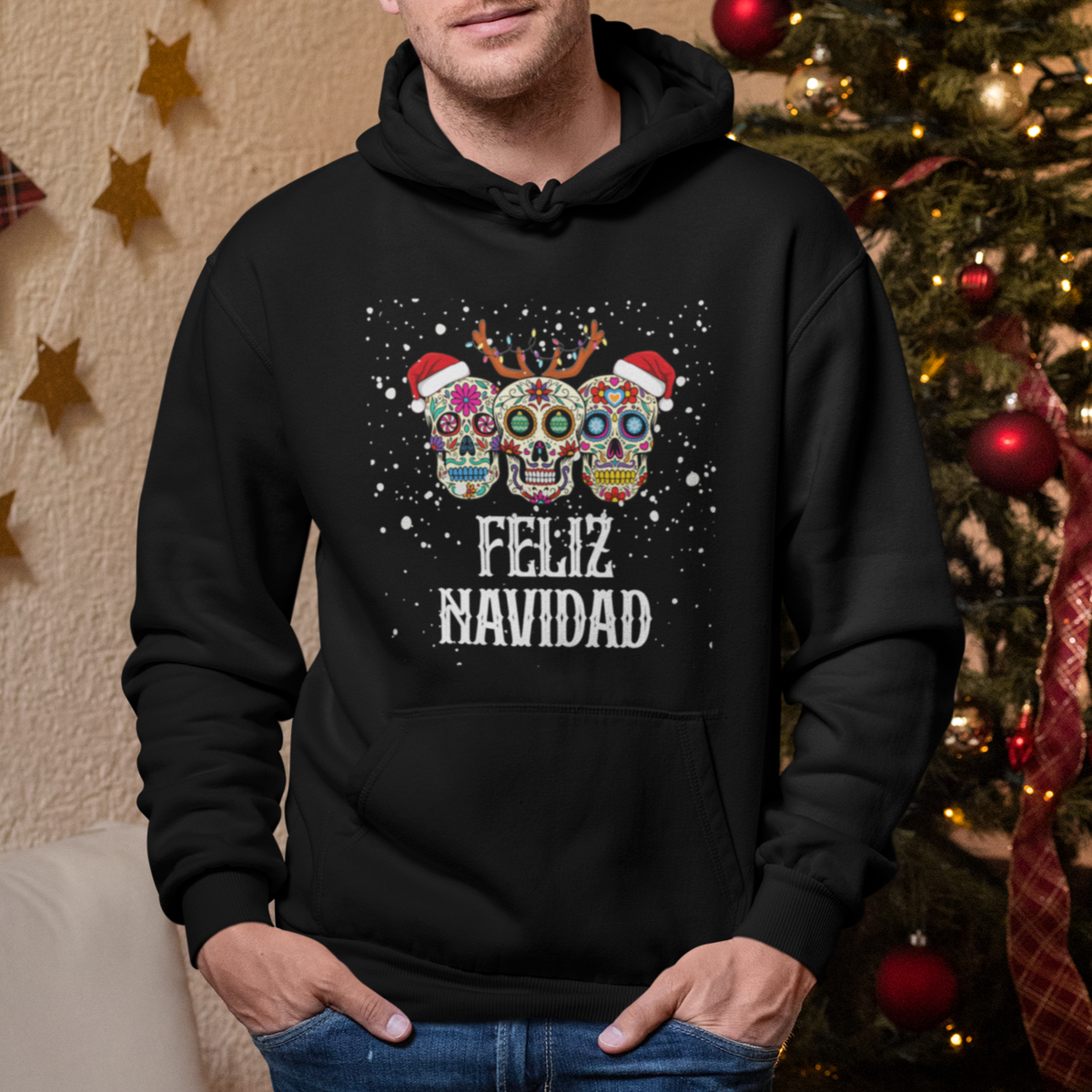 Christmas Hoodie Feliz Navidad Mexican Sugar Skulls Reindeer Santa - Wonder Print Shop