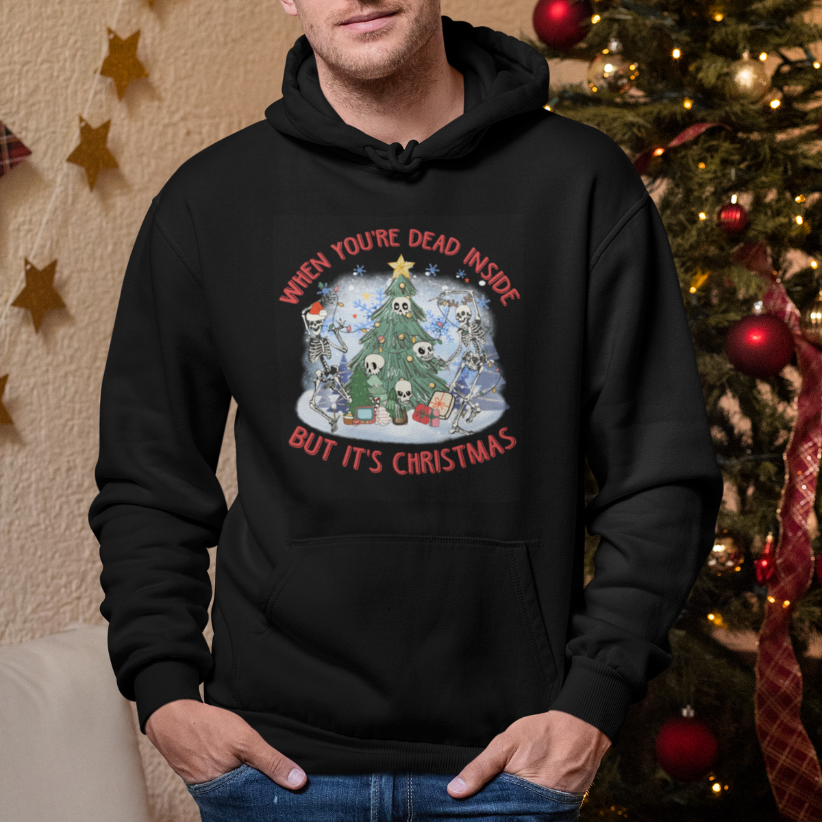 Dancing Skeleton Xmas Hoodie When You're Dead Inside But It's Christmas - Wonder Print Shop