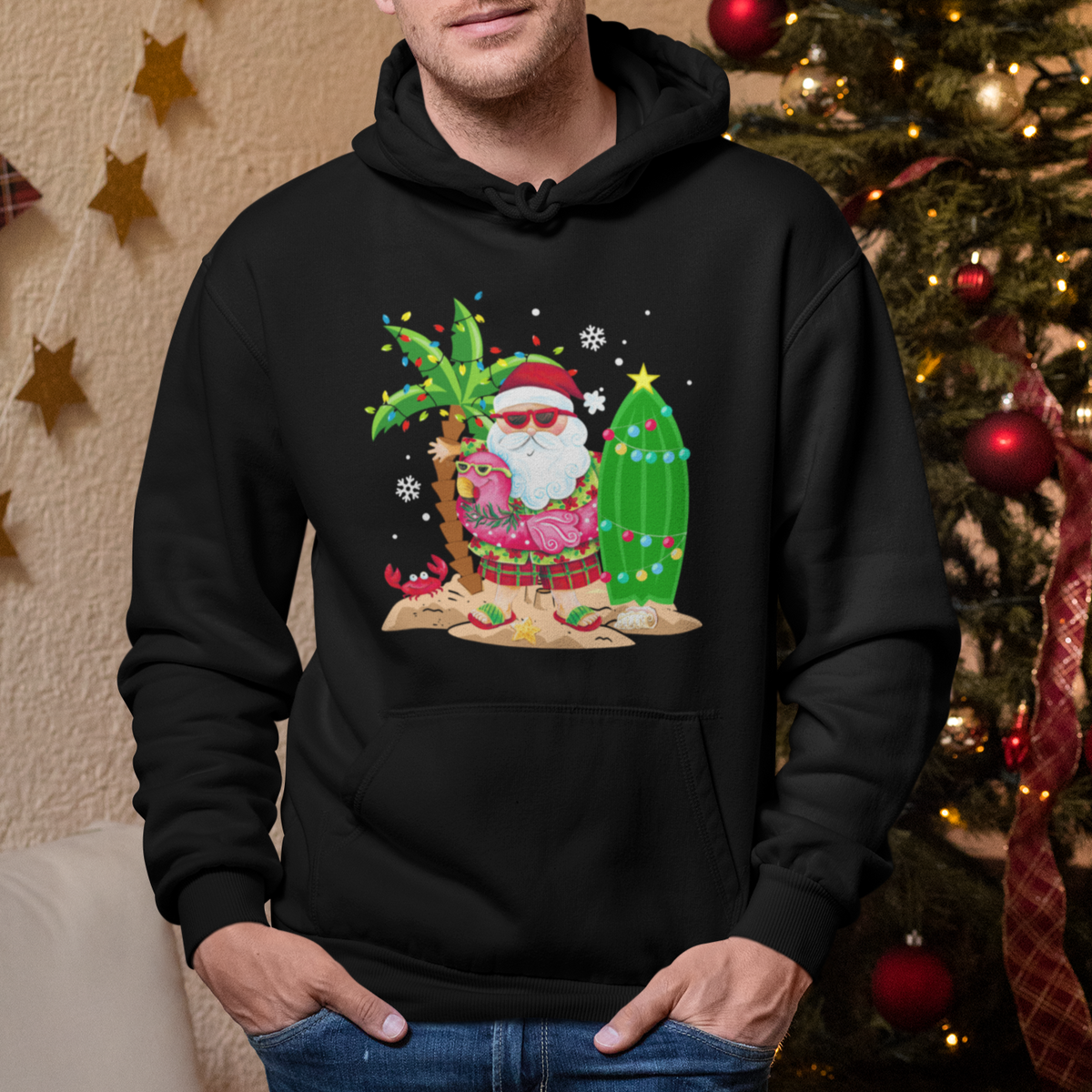 Christmas In Hawaii Hoodie Flamingo Float Xmas Palm Tree Surfboard Cute Santa At Beach - Wonder Print Shop