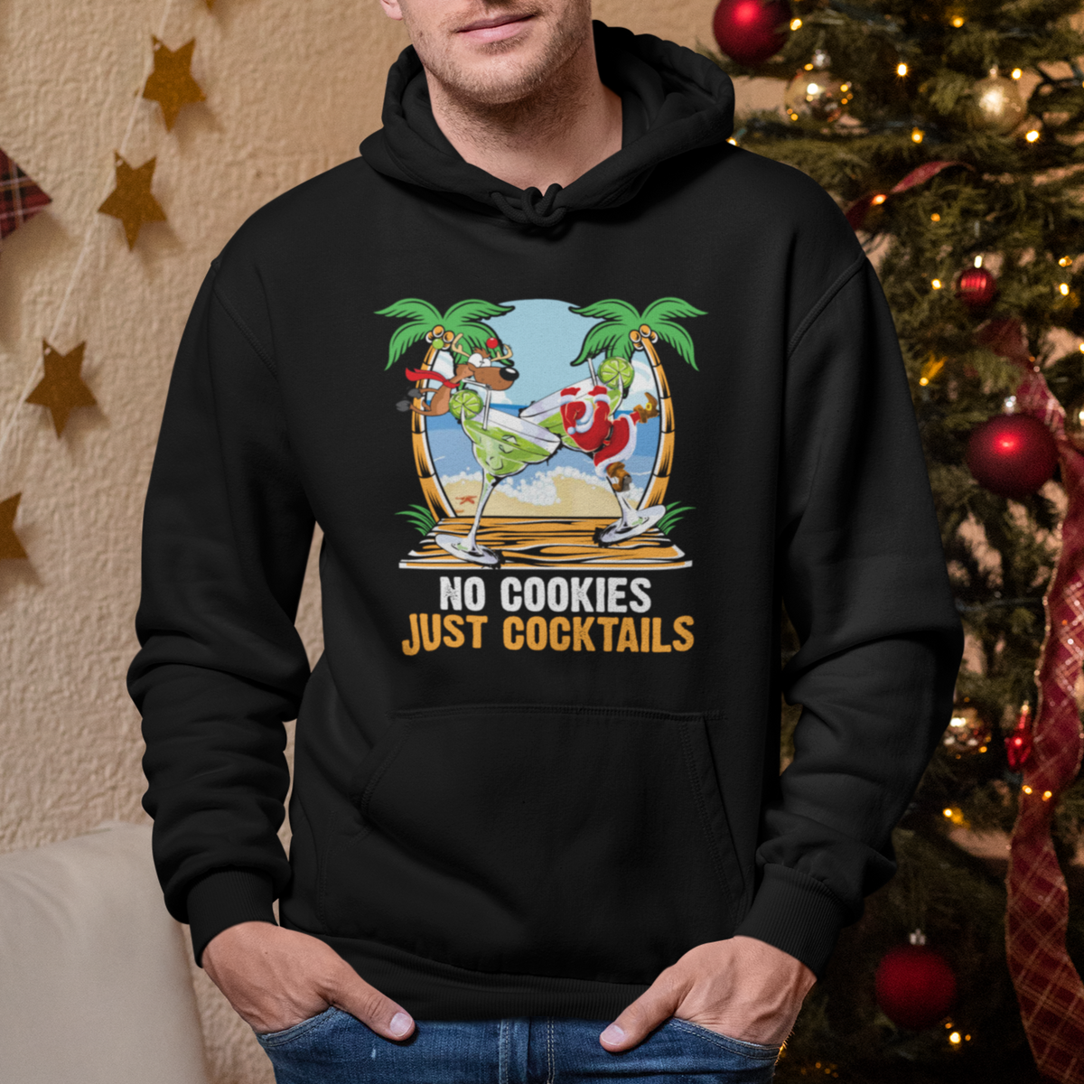 No Cookies Just Cocktails Drunk Santa Reindeer Summer Christmas Hoodie - Wonder Print Shop