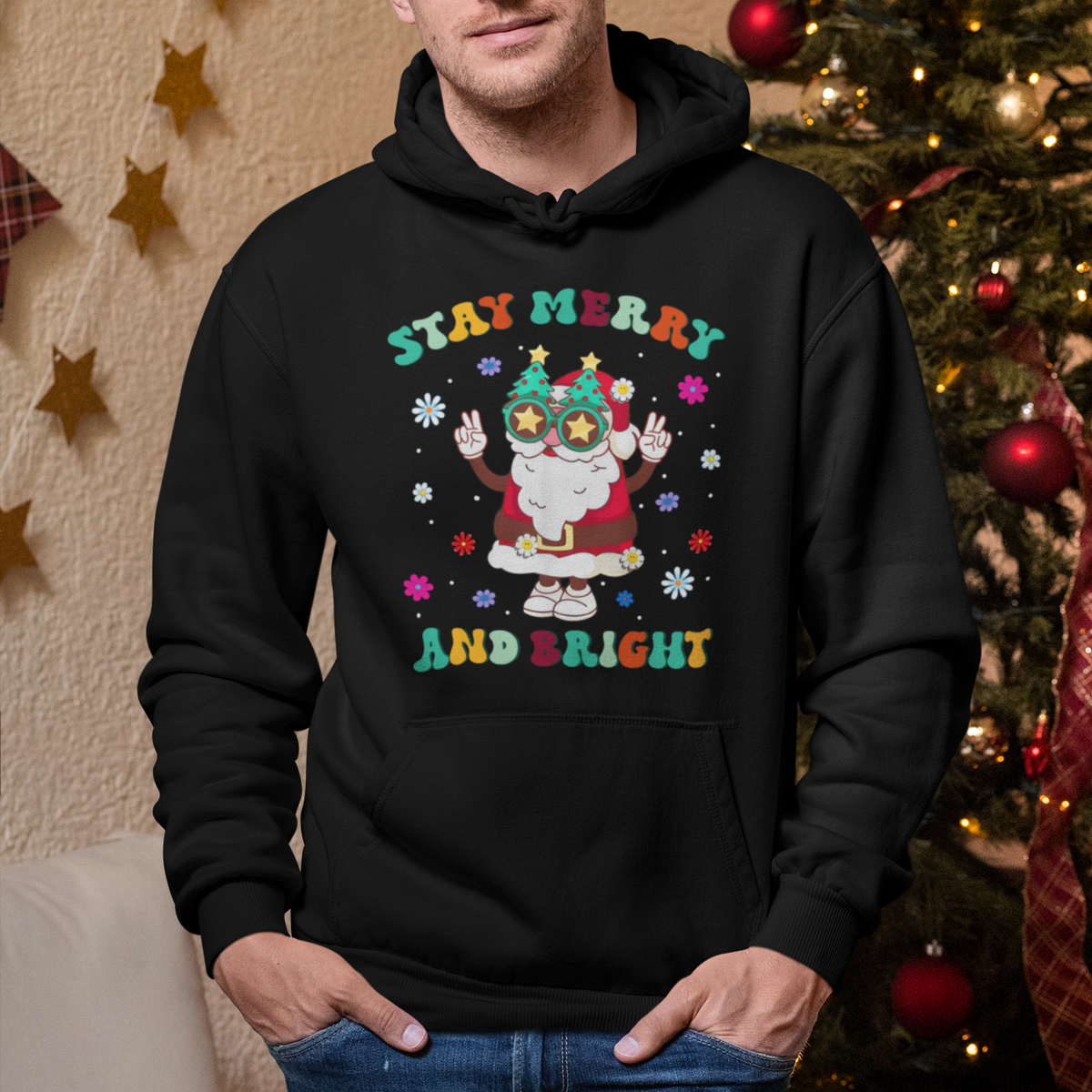 Stay Marry and bright Groovy Christmas Hippie Santa Clause Hoodie - Wonder Print Shop