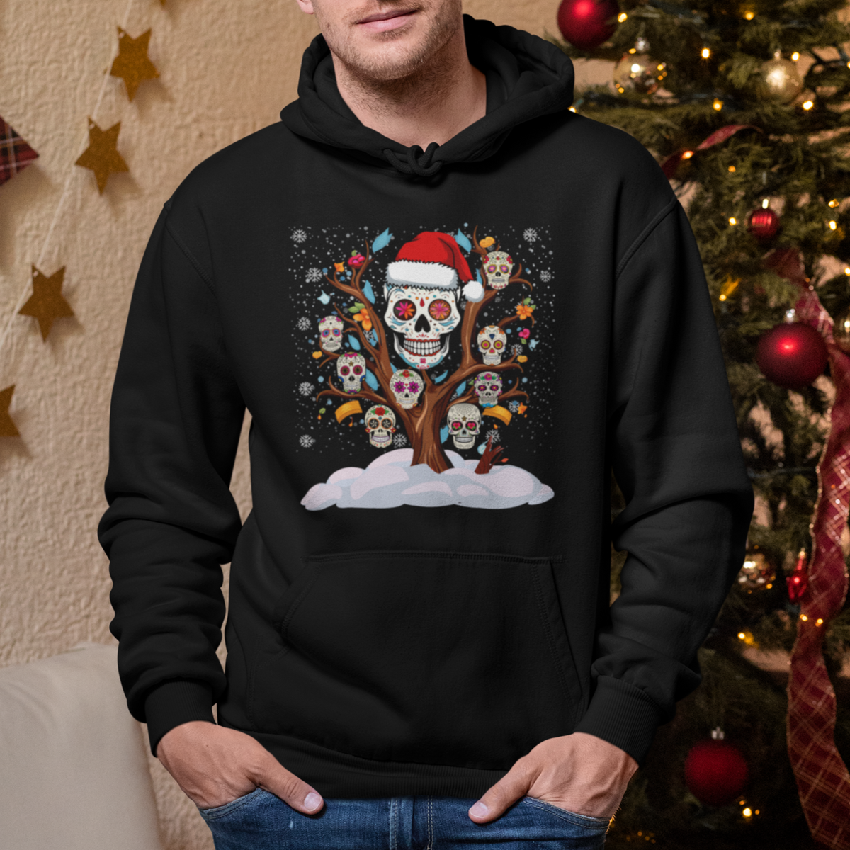 Christmas Hoodie Sugar Skull On Tree Funny Xmas - Wonder Print Shop