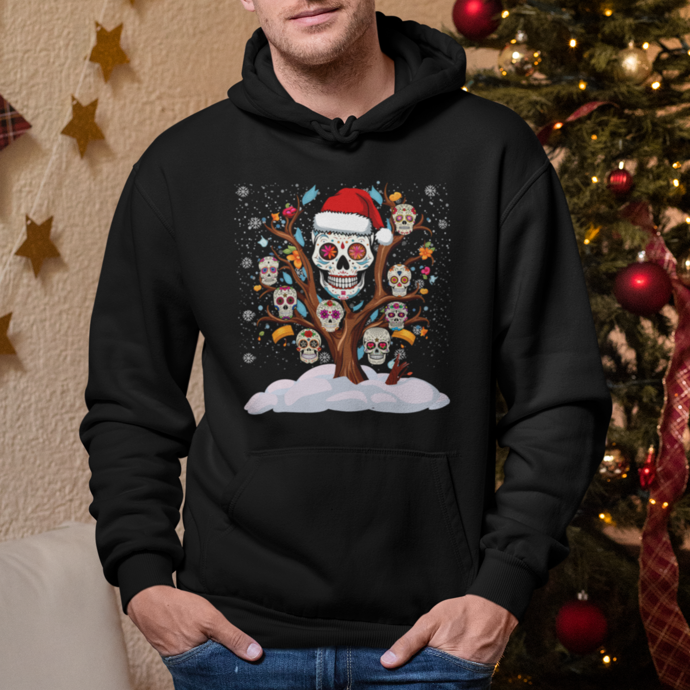 Christmas Hoodie Sugar Skull On Tree Funny Xmas - Wonder Print Shop