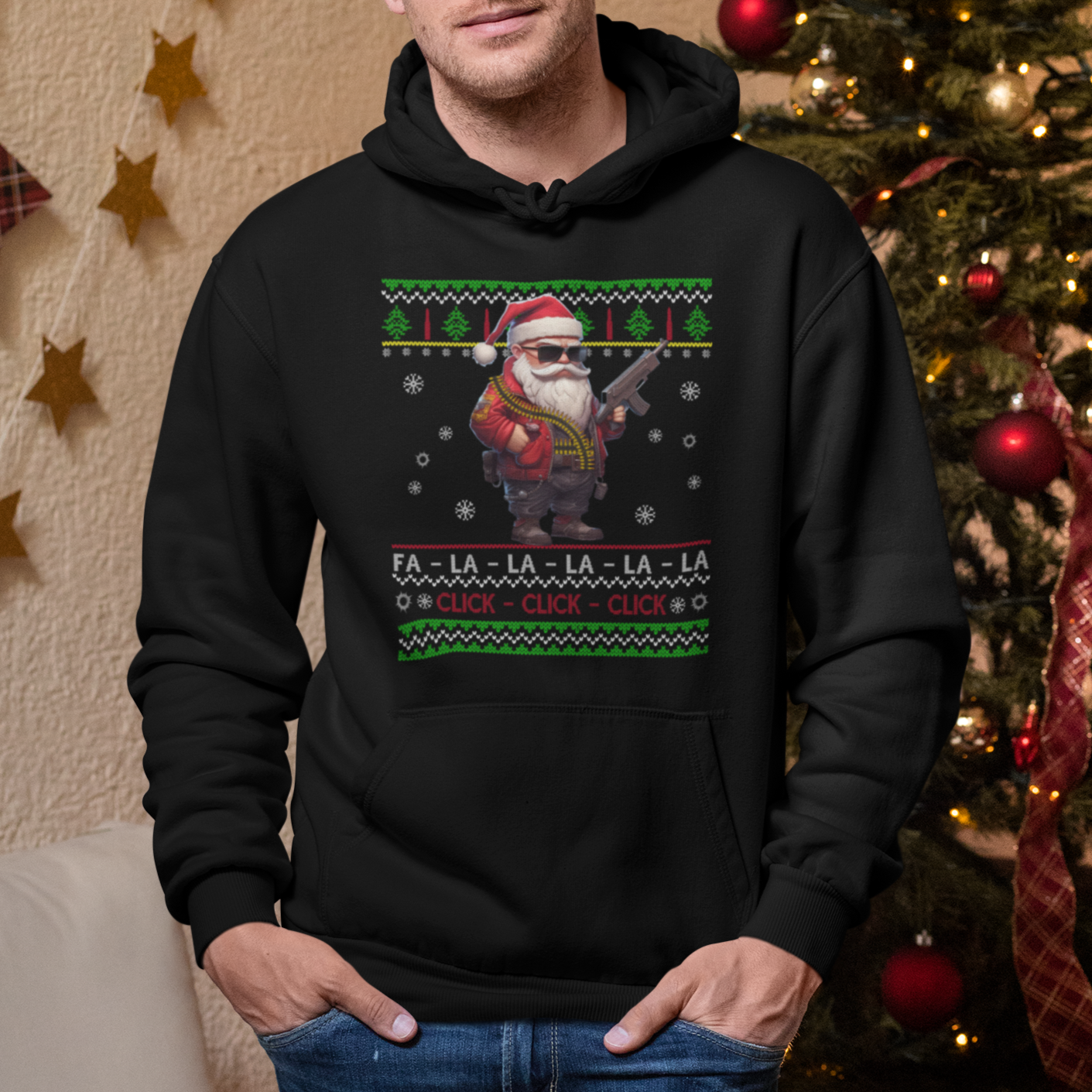 Christmas Hoodie Santa Claus Gun Click Click Sing Fa La La La - Wonder Print Shop