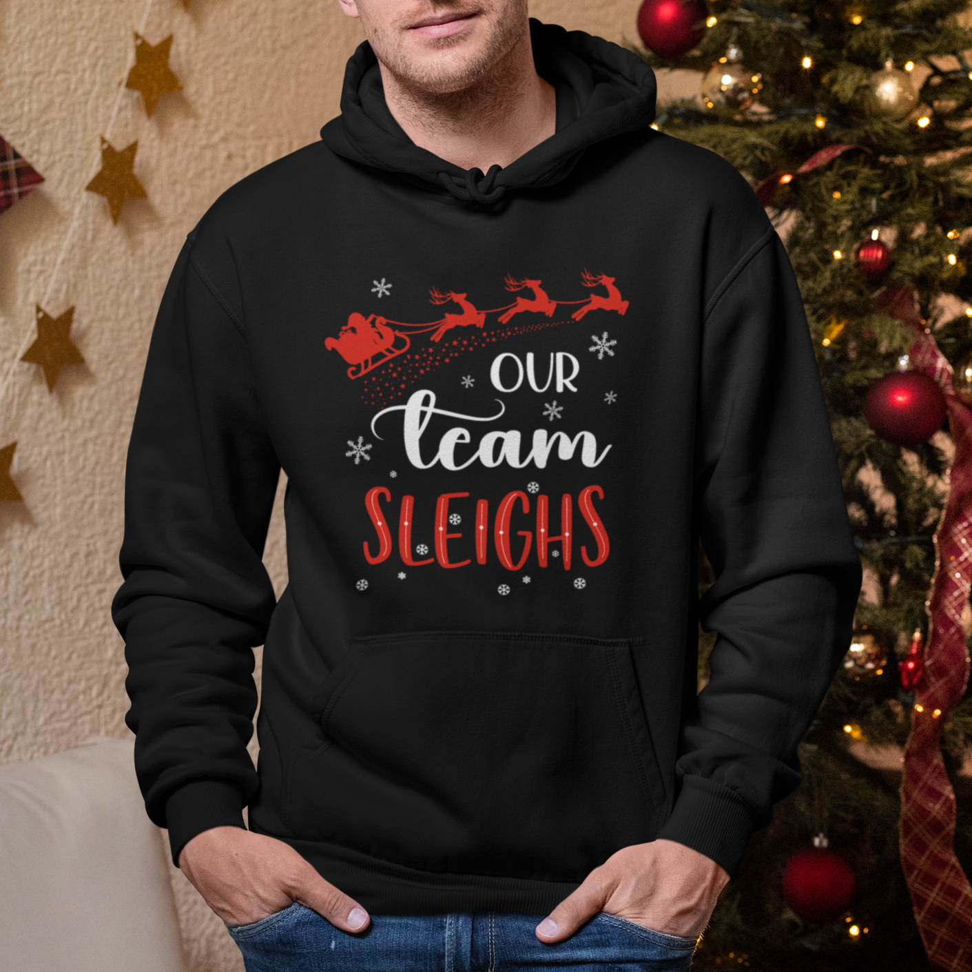 Our Team Sleigh Christmas Santa Reindeer Office Staff Hoodie - Wonder Print Shop