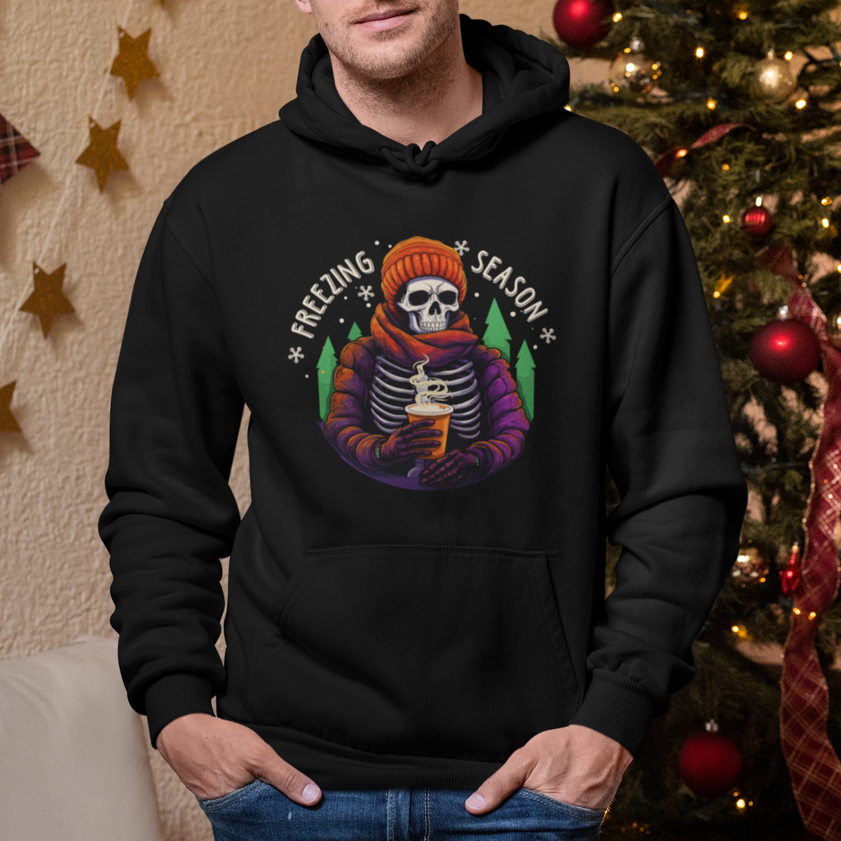 Freezing Season Christmas Skeleton Chillin' Hot Cocoa Hoodie - Wonder Print Shop