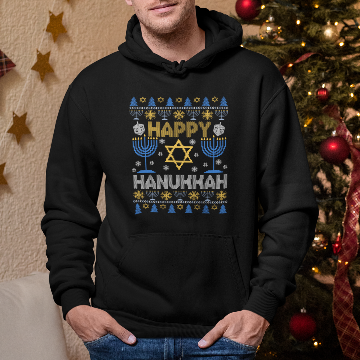 Happy Hanukkah Hoodie Jewish Festival of Lights Hanukkiah Menorah Ugly Chanukah - Wonder Print Shop