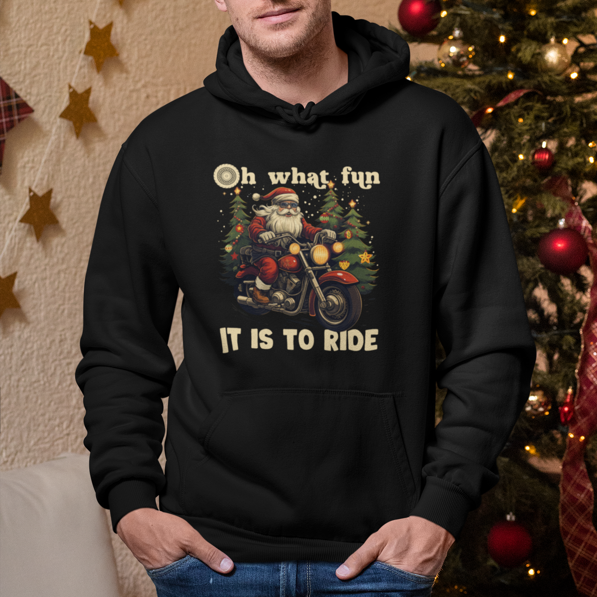 Santa Claus Biker Hoodie Oh What Fun It Is To Ride Motorcycle Christmas - Wonder Print Shop